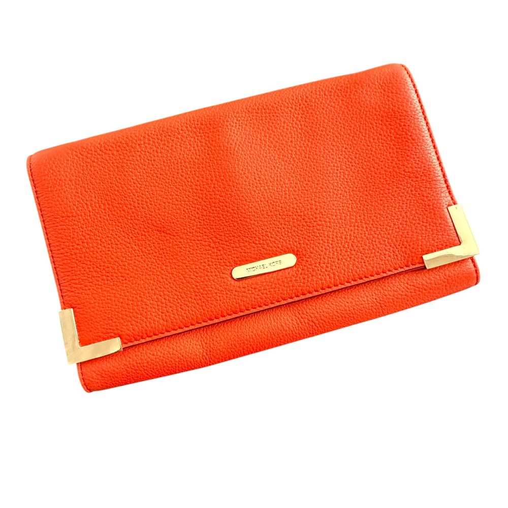 Michael Kors Womens Clutch Pebbled Leather Gold Hardware OS Red Evening‎ Bag